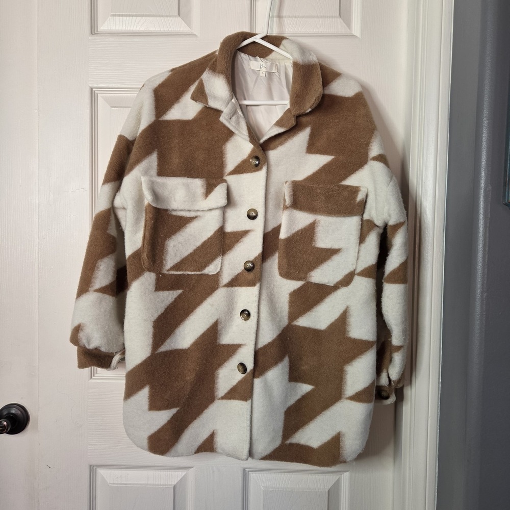 Klesis Oversized Houndstooh Shacket White Taupe Relaxed Button-up Big Pockets Sm